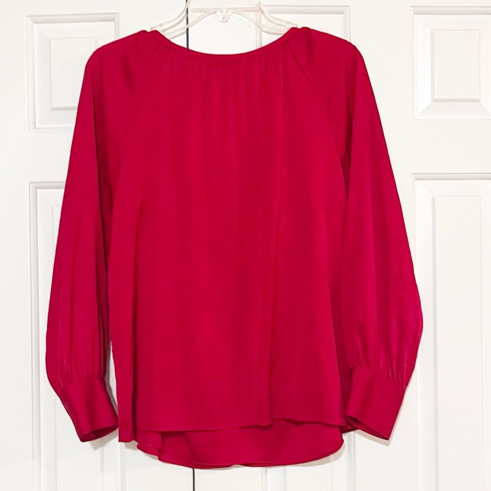 Talbots 100% Silk Vibrant V-Neck Red Blouse with ruched collar long sleeves. 10 - Picture 6 of 14